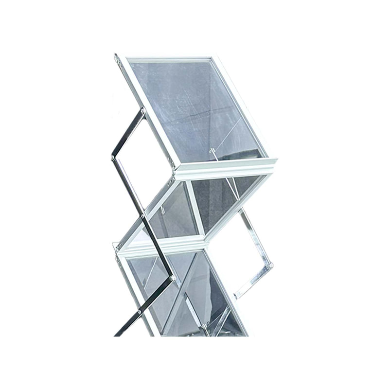 F-SS103-SI Type 1 Collapsible brochure stand in silver metal finish with acrylic panel shelves