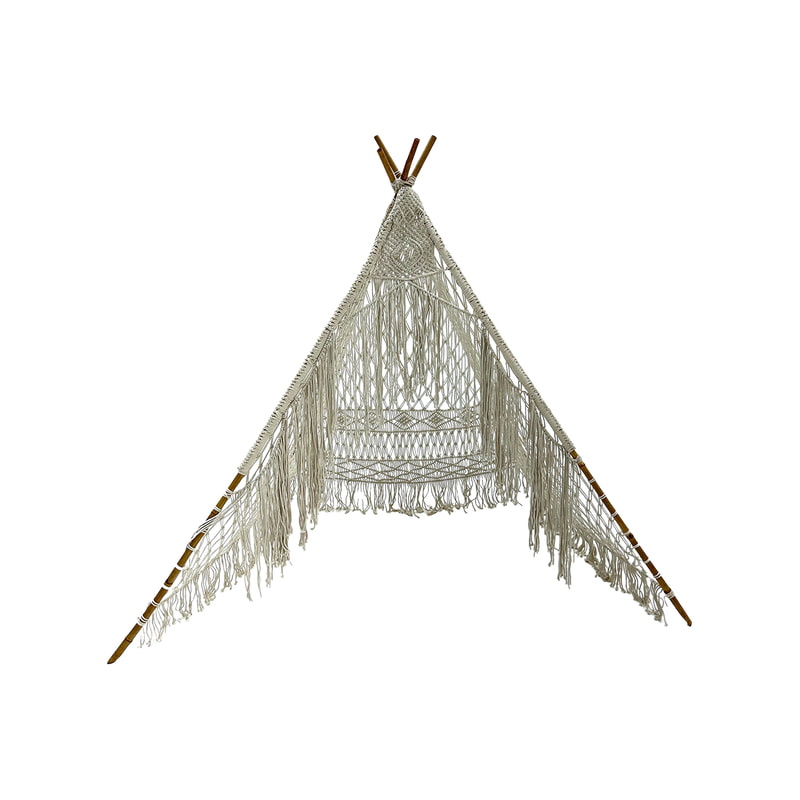 F-TP104-OW Zen tee pee in off white macrame with wooden frame 