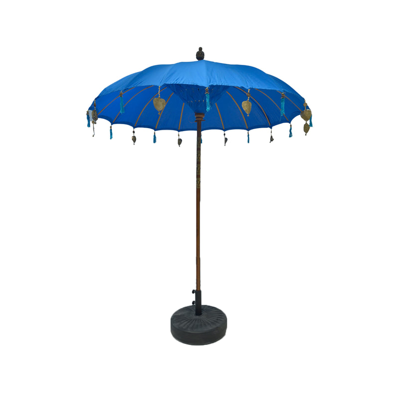 F-UM201-BU Balinese umbrella in blue with beads & a solid base