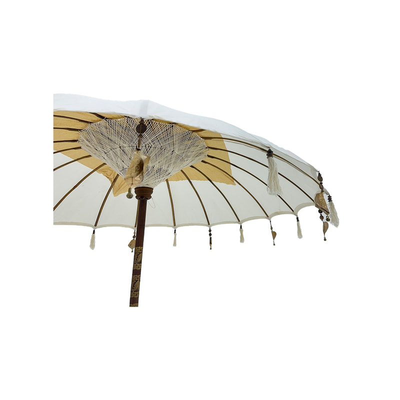 F-UM201-WH Balinese umbrella in white with beads & a solid base