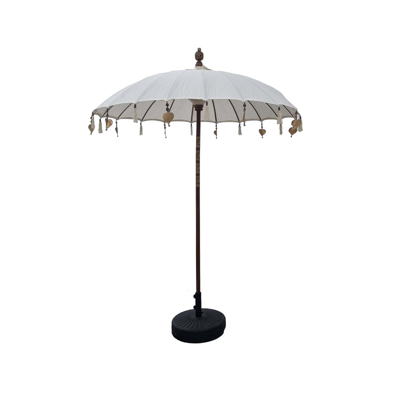 F-UM201-WH Balinese umbrella in white with beads & a solid base